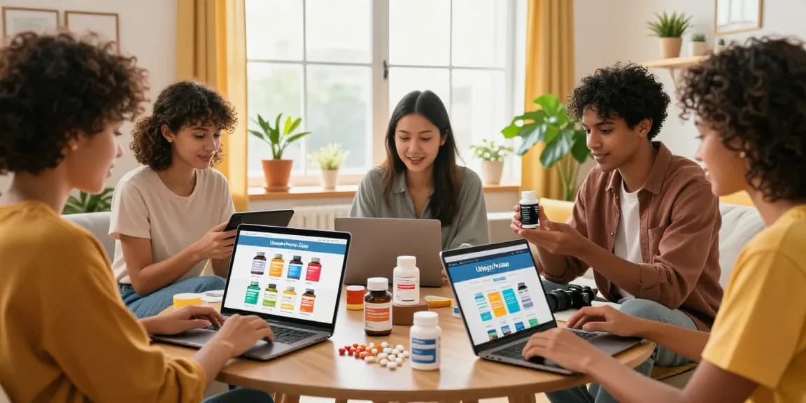 Interaktive Online-Shop-Szene bei Unique Pharma Shop, junge Erwachsene durch Gesundheitsprodukte stöbern.