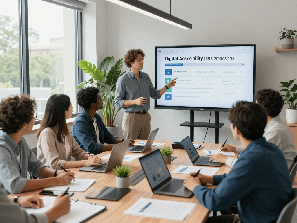 Öffentliche und gemeinnützige Einrichtungen Kommunen arbeiten an digitalen Barrierefreiheitsstrategien in modernem Büro