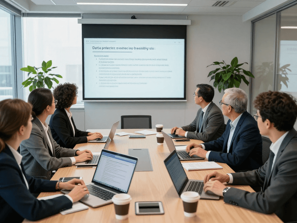 Engaging meeting of public sector professionals discussing Öffentliche und gemeinnützige Einrichtungen Kommunen data protection strategies with teamwork and technology.