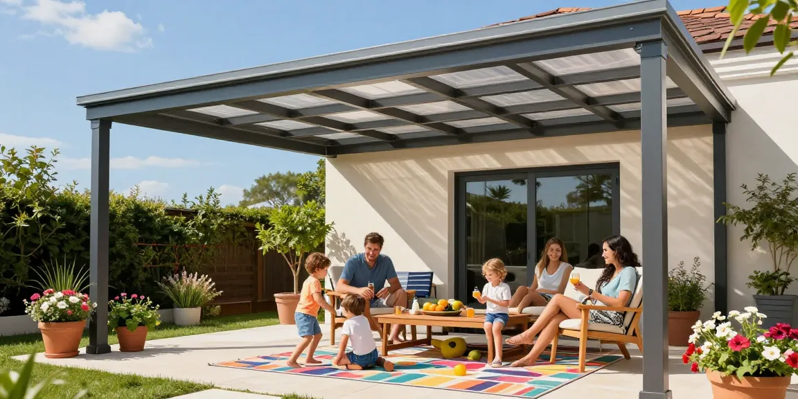 Moderne Terrassenüberdachung sorgt für angenehme Atmosphäre beim Familienpicknick im Garten.