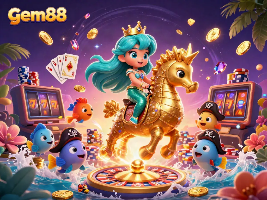 Play thrilling casino games at gem88, featuring vibrant characters, sparkling gems, and winning combinations.