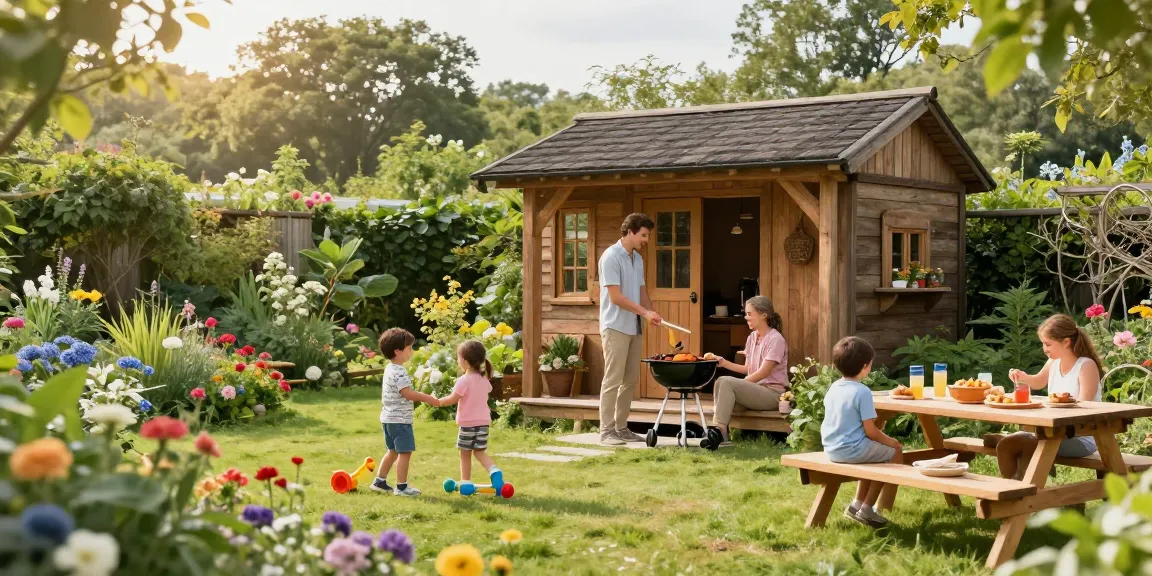 Garten Haus umgeben von bunten Blumen und einer Familie, die einen sonnigen Tag im Freien genießt.