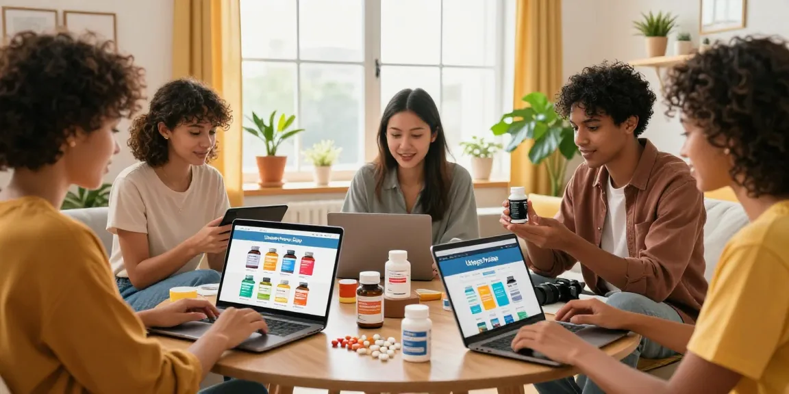 Interaktive Online-Shop-Szene bei Unique Pharma Shop, junge Erwachsene durch Gesundheitsprodukte stöbern.
