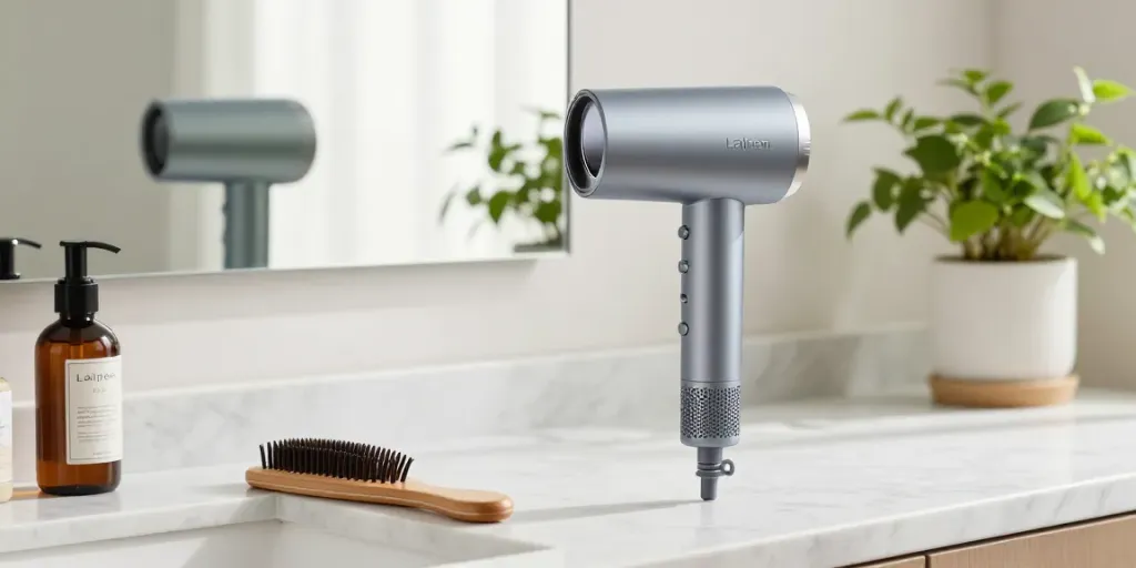 Moderne Haartrockner Testsieger Stiftung Warentest auf elegantem Marmortisch mit Pflegeprodukten und Pflanzen im Badezimmer.