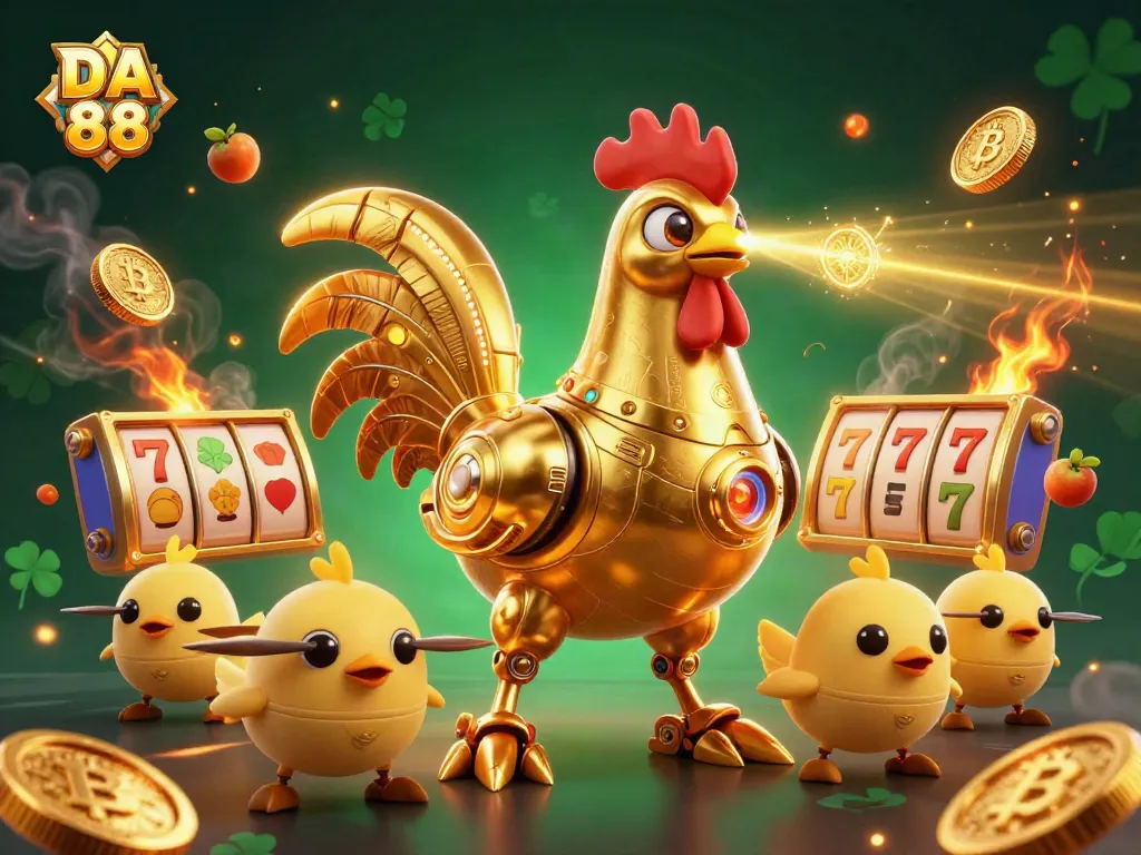 Experience winning at DA 88 with captivating golden rooster robot and baby chick drones in a rich casino scene.