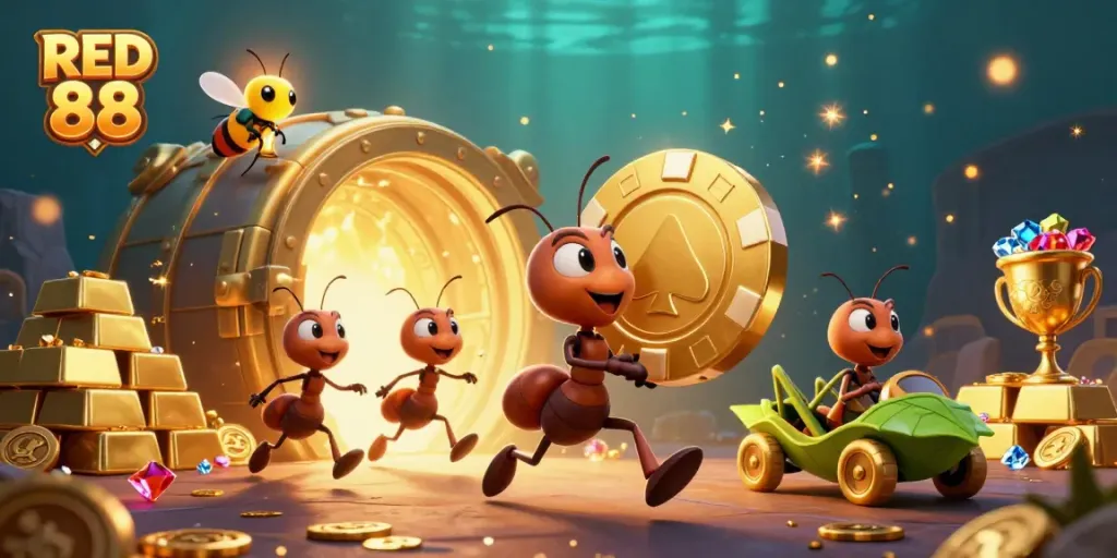 RED 88 heist scene with cartoon ants, poker chip, and underwater treasures in vibrant colors.