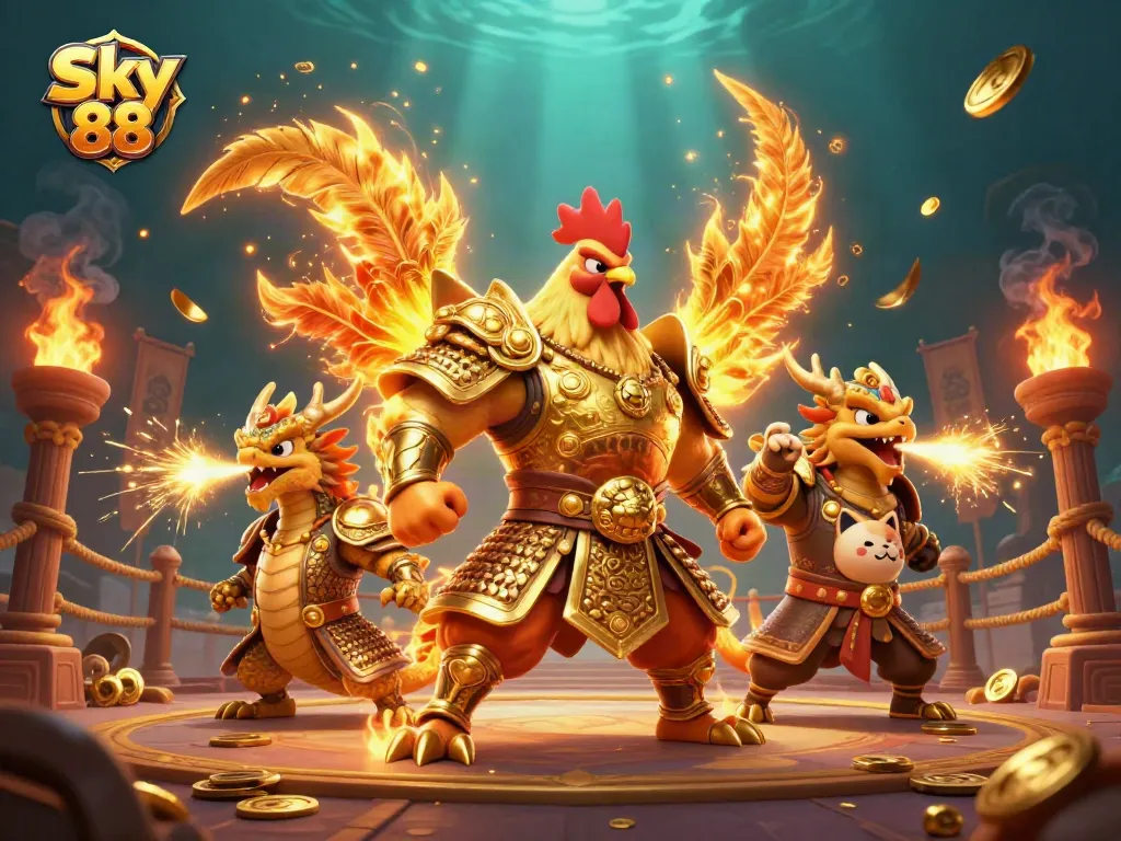 Engage with the exhilarating Sky 88 experience featuring dynamic 3D characters in an action-packed casino scenario.