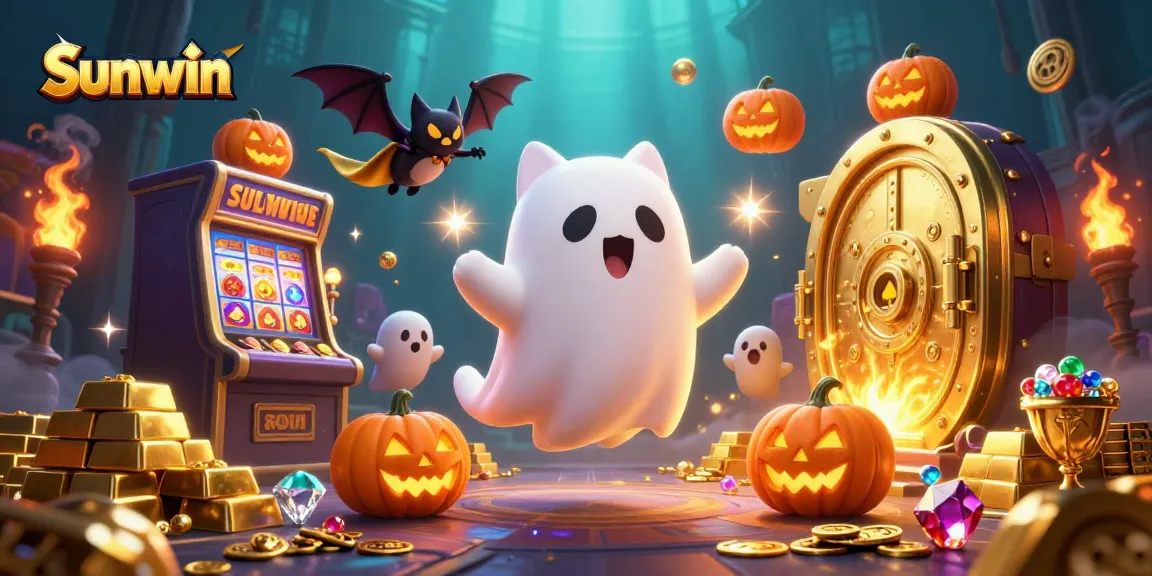 Experience the enchanting Sunwin casino with a floating ghost cat and treasures galore.