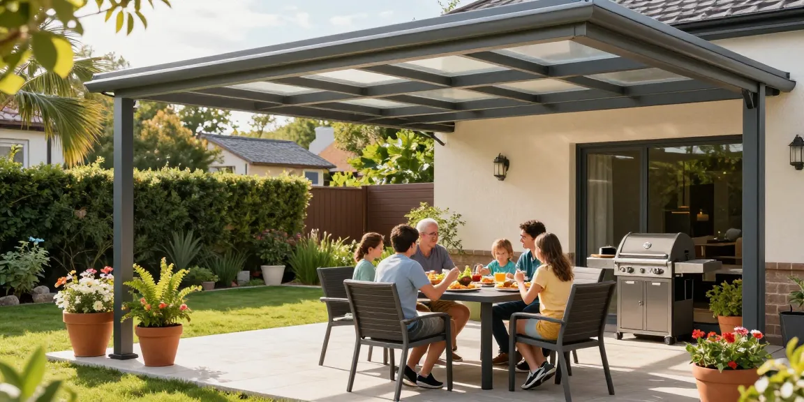 Moderne Terrassenüberdachung mit Familie beim Essen im Garten, einladende Atmosphäre.