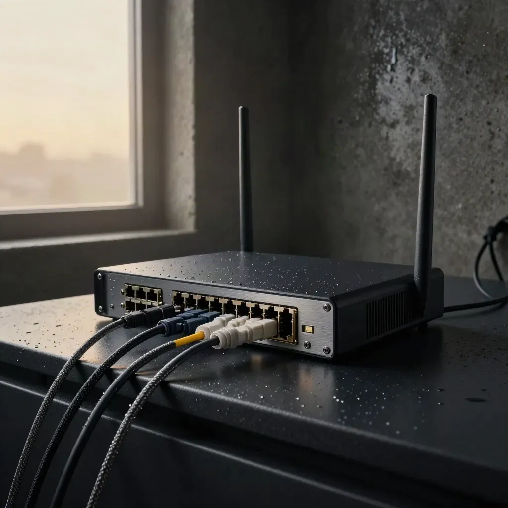 Netzwerk-Hardware auf schwarzer Fläche im Morgennebel, dramatisch beleuchtet