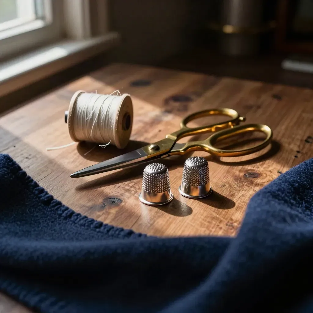 Brassscheren, Leinenspule und silberne Fingerhüte auf dunklem Werkbenchgrund im warmen Licht.