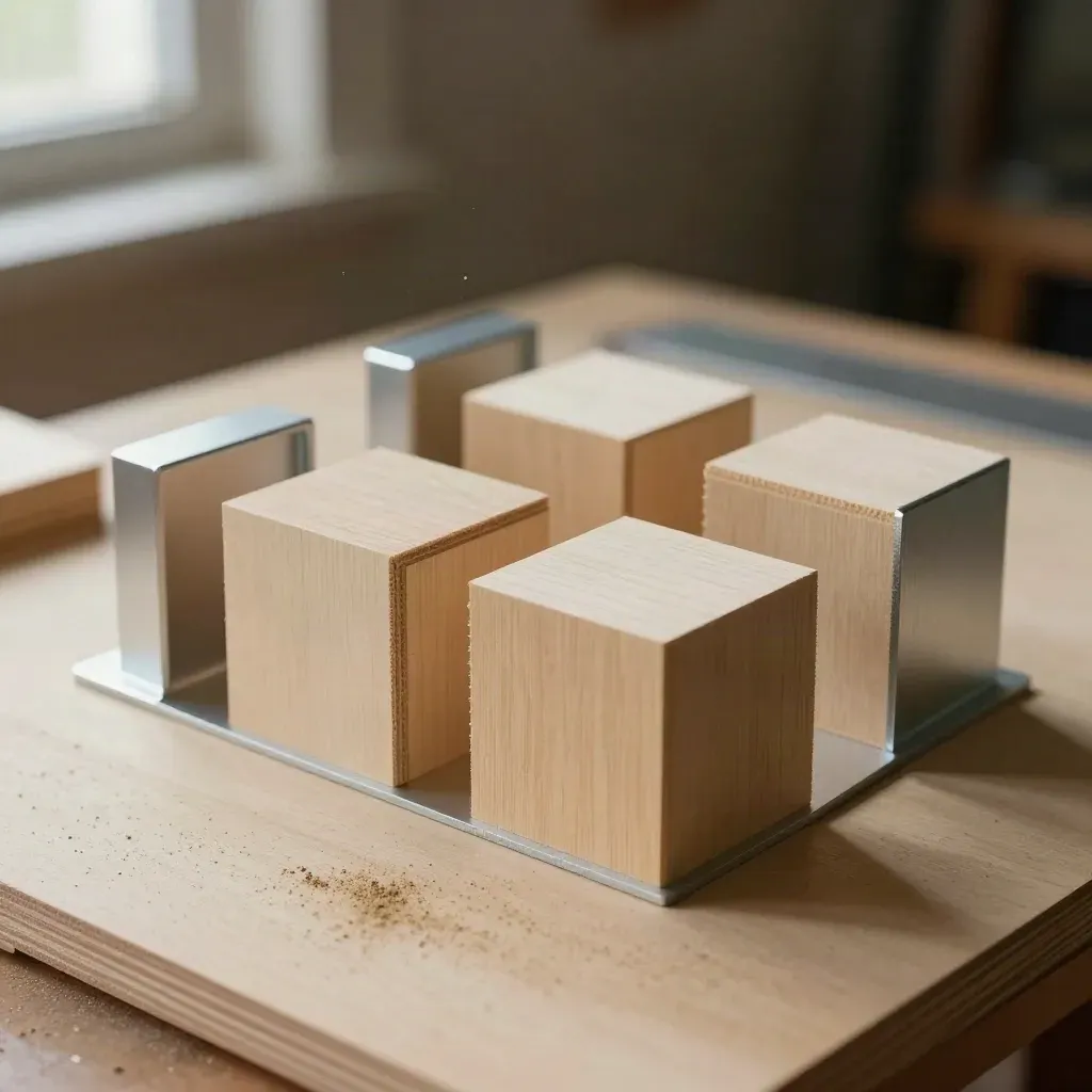 Holzteile und Metallwinkel eines Prototyps auf einer Werkbank, von oben aufgenommen.