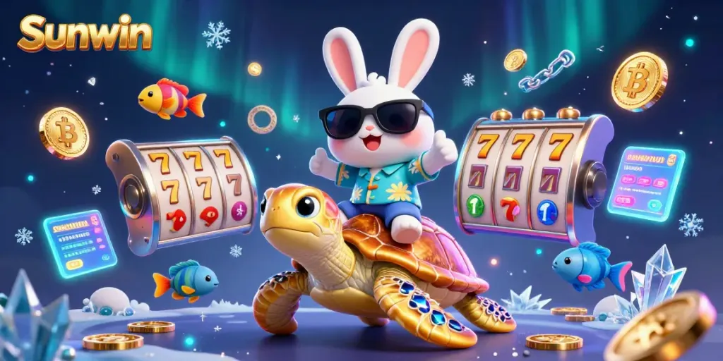 Experience excitement at Sunwin with a cartoon rabbit and golden turtle amidst vibrant casino games.