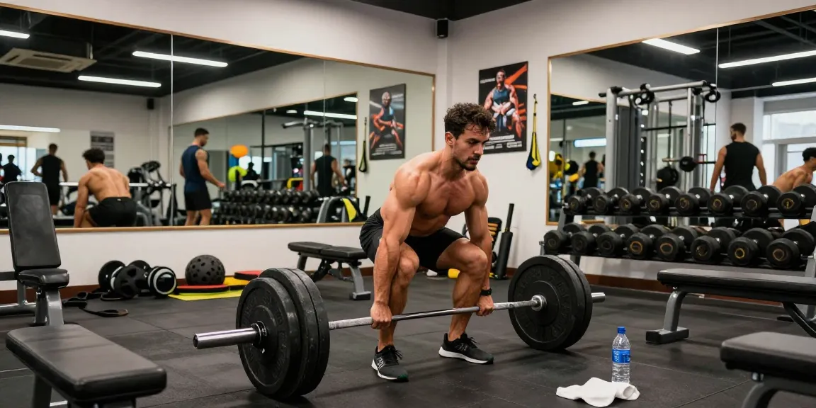 Anabolika-Shop - Bodybuilder im Fitnessstudio beim Training mit Gewichten, starke Muskeln und motivierende Umgebung.