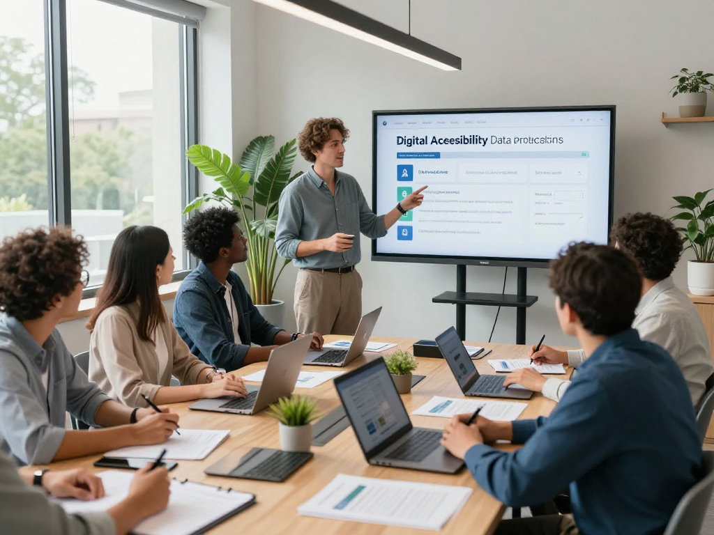 Öffentliche und gemeinnützige Einrichtungen Kommunen arbeiten an digitalen Barrierefreiheitsstrategien in modernem Büro
