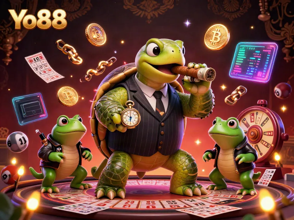 Experience exciting Yo88 gameplay with a dynamic illustration of a casino setting featuring a snapping turtle and bullfrog enforcers.