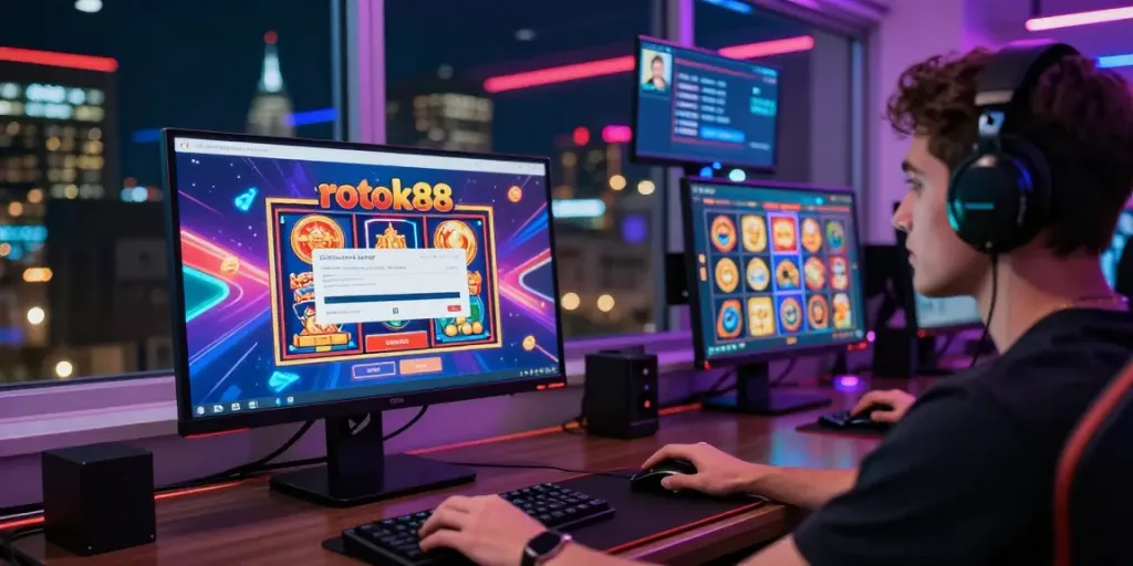 Engaging and colorful rokok88 slot login gaming setup showcasing excitement in online gaming