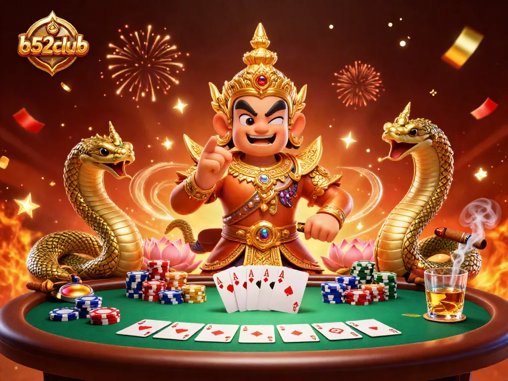 Engage in poker excitement with b52club's colorful casino scene featuring vibrant guardians.