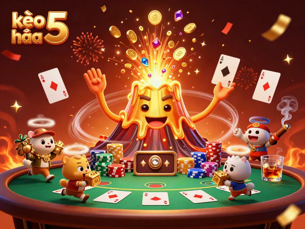 Experience the excitement of kèo nhà cái 5 with treasures spilling from a golden volcano in this vibrant casino scene.