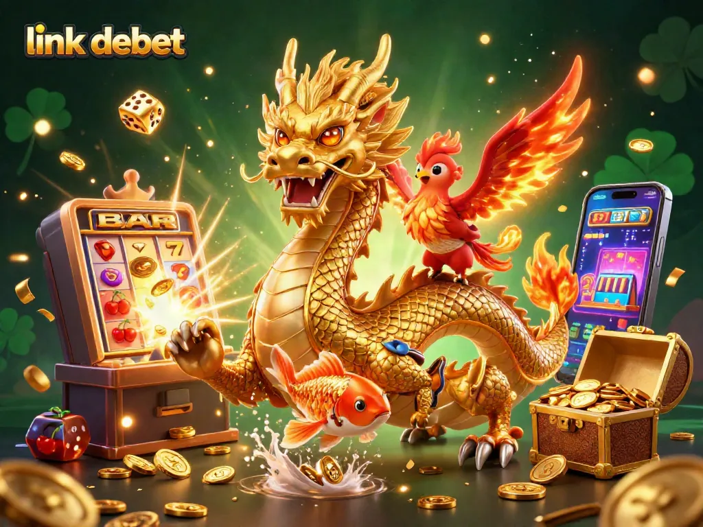 Enjoy thrilling games at link debet with this vibrant casino scene featuring a dragon, phoenix, and koi fish.