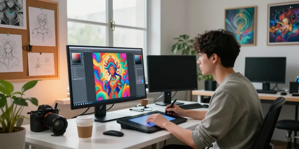 Creative artist using 18+ AI tools to generate vibrant digital artwork in a bright studio.