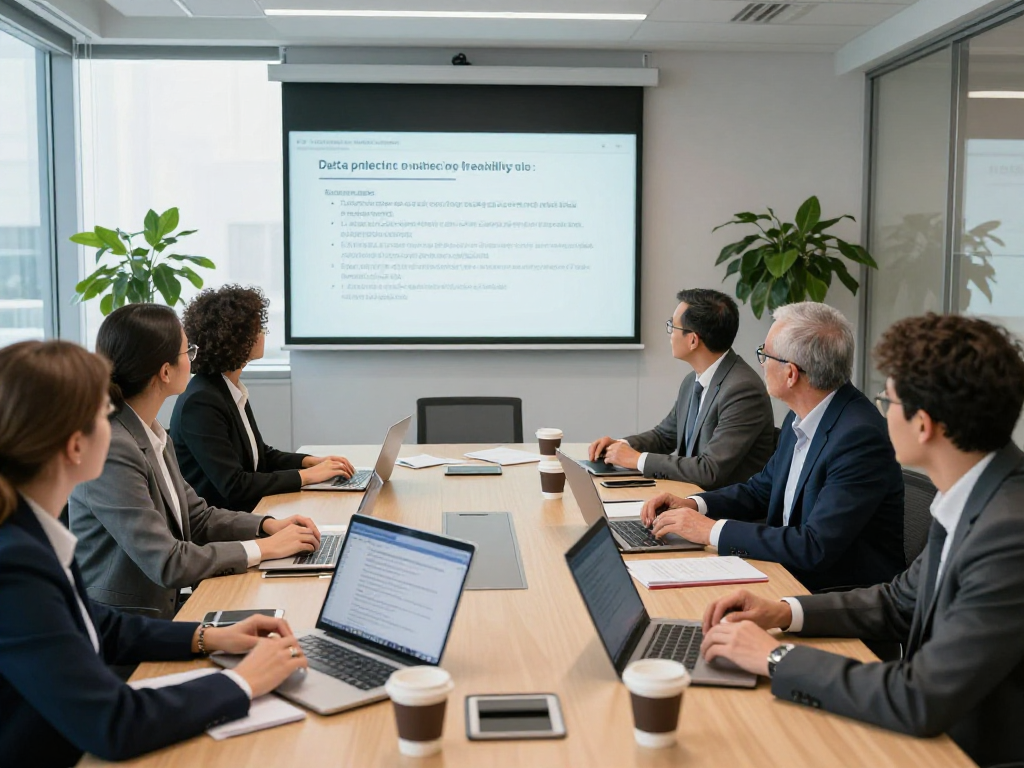 Engaging meeting of public sector professionals discussing Öffentliche und gemeinnützige Einrichtungen Kommunen data protection strategies with teamwork and technology.