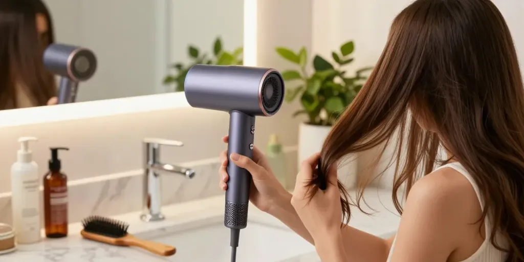 Elegante Frau trocknet ihr Haar mit einem ionen föhn in modernem Badezimmer.
