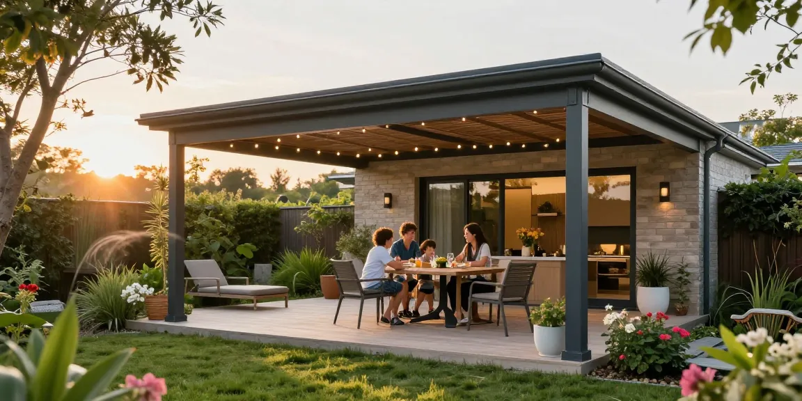 Freistehende Terrassenüberdachung im Garten mit Familie, gemütliche Atmosphäre, moderne Möbel.