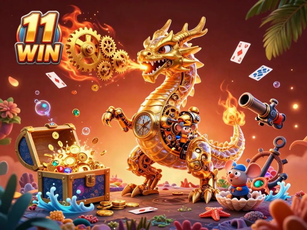 Engage in thrilling gameplay at 11 WIN with a rich 3D casino scene featuring vibrant treasures.