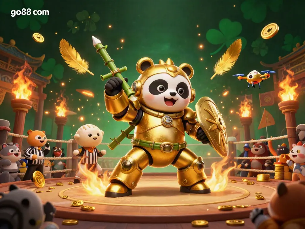 Engaging in thrilling action at go88 com with a golden panda mech-suit and exciting game elements.