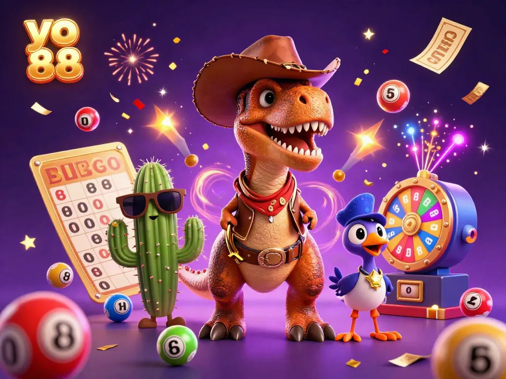 Experience the thrill of yo 88 with vibrant lottery elements and dynamic 3D characters in a lively casino scene.