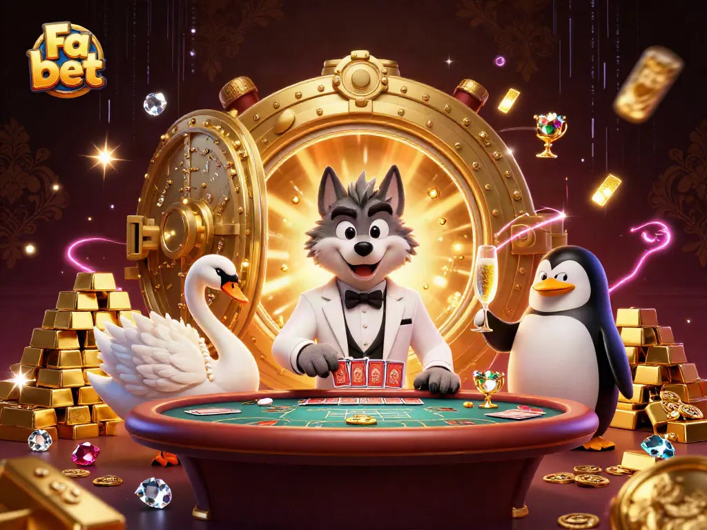 Experience the thrill of gaming at Fa bet with a debonair wolf and elegant characters in a vibrant casino scene.