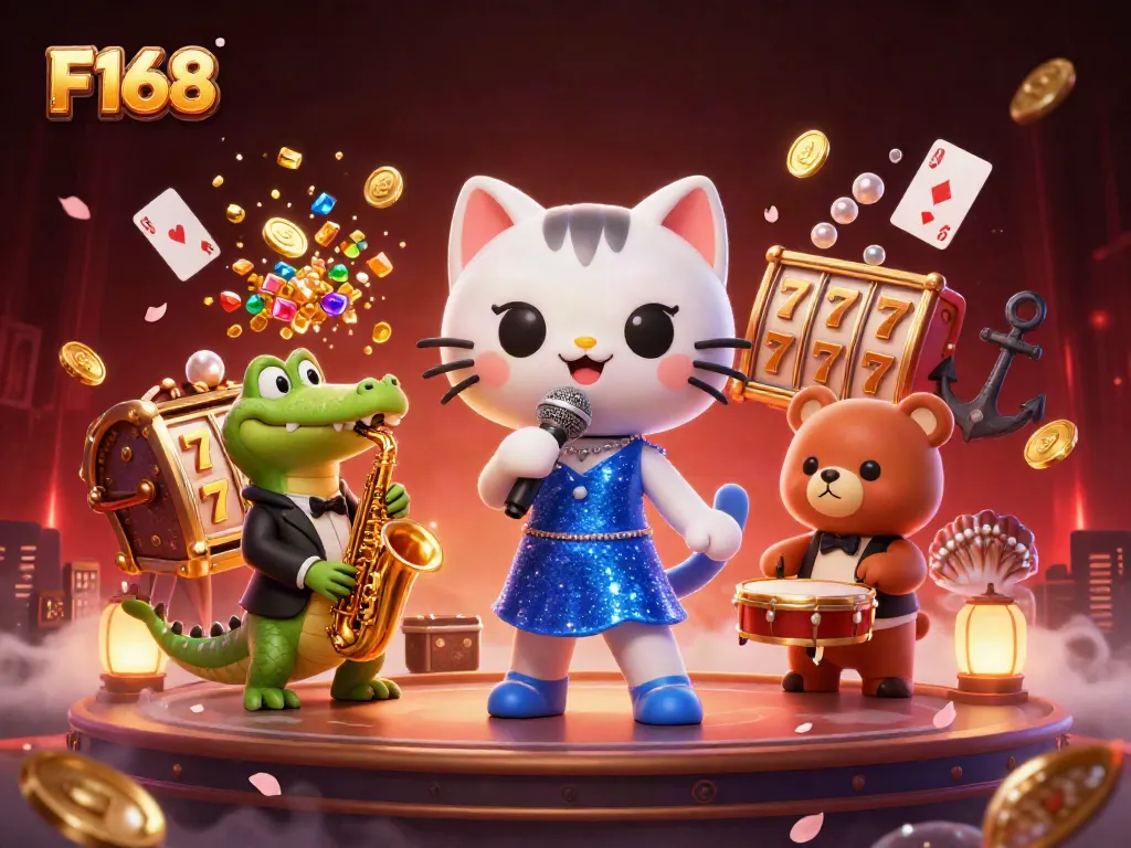 Experience the vibrant ambiance of F168 Casino featuring a jazz-singer cat alongside a crocodile and bear cub, amidst colorful slot elements.