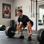Ein Athlet hebt Gewichte während des Trainings mit Utinon Steroiden im modernen Fitnessstudio.
