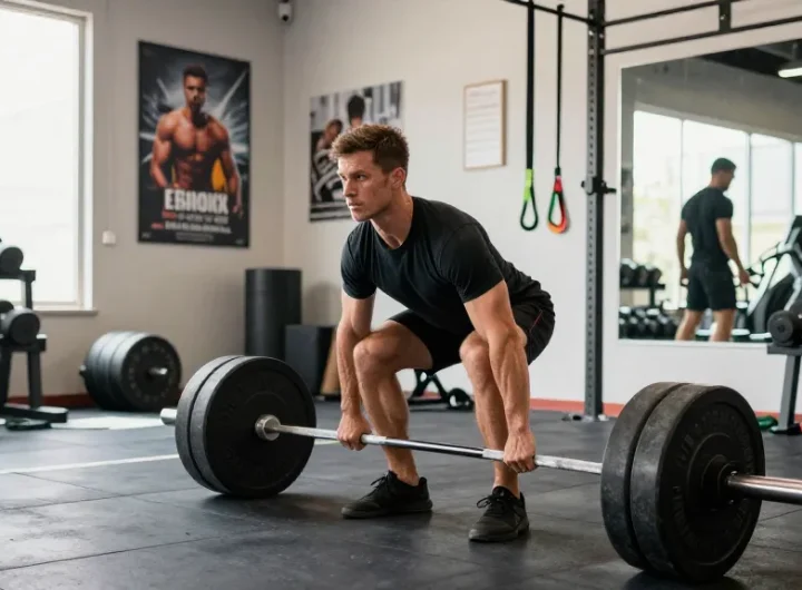 Ein Athlet hebt Gewichte während des Trainings mit Utinon Steroiden im modernen Fitnessstudio.