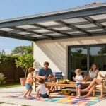 Moderne Terrassenüberdachung sorgt für angenehme Atmosphäre beim Familienpicknick im Garten.