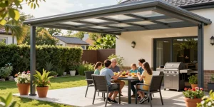 Moderne Terrassenüberdachung mit Familie beim Essen im Garten, einladende Atmosphäre.