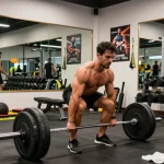 Anabolika-Shop - Bodybuilder im Fitnessstudio beim Training mit Gewichten, starke Muskeln und motivierende Umgebung.