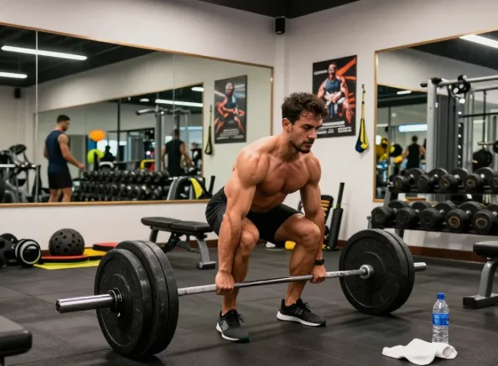 Anabolika-Shop - Bodybuilder im Fitnessstudio beim Training mit Gewichten, starke Muskeln und motivierende Umgebung.