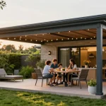 Freistehende Terrassenüberdachung im Garten mit Familie, gemütliche Atmosphäre, moderne Möbel.